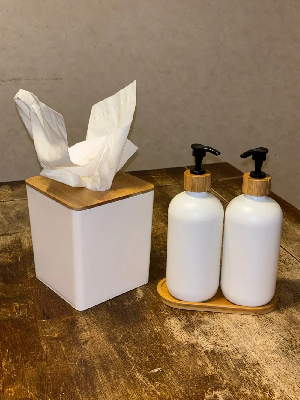Modern Bamboo Bathroom Set Soap Lotion Dispensers Tissue Box White 3 Pc